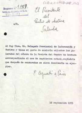 Carta del president al delegat provincial d'informació i turisme de Tarragona