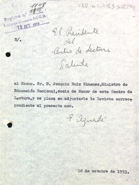 Carta del president a Joaquin Ruiz-Giménez Cortés