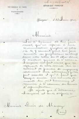 Carta del Cònsol de França a Tarragona a Luis de Marçay, comunicant-li les propostes en resposta al seu escrit