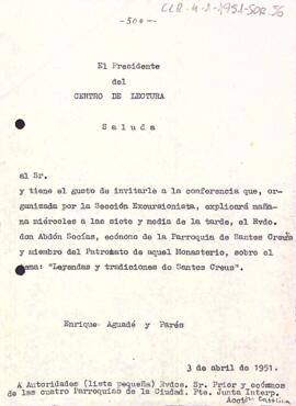 Invitació del president a la conferència organitzada per la Secció excursionista pel mossèn per Abdón Socias