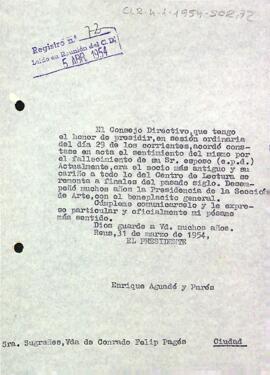Carta del condol del president a la Sra. Sugrañes per la mort de Conrad Felip Pagès