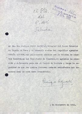 Agraïment del president del Centre de Lectura al director del Banc Exterior d'Espanya a Reus