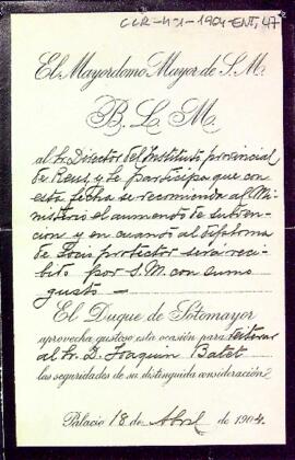 Carta del Duque de Sotomayor a Joaquin Batet relacionada amb subvenció i el títol rebut en ser nomenat soci protector