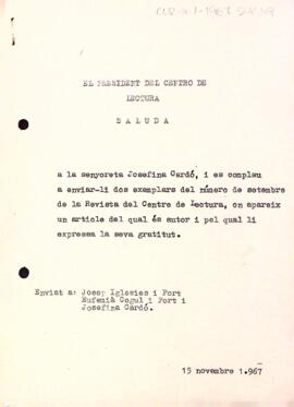 Carta del president comunicant el donatiu de la Revista del Centre de Lectura