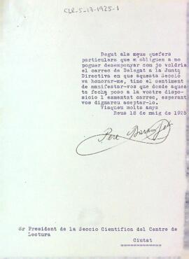 Carta de Pere Barrufet al president de la Secció Científica
