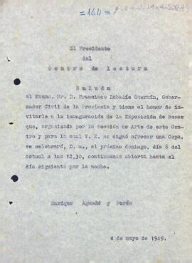 Invitació del president al governador civil de la província de Tarragona a la inauguració de l'Exposició-Concurs de Roses que organitza l'entitat