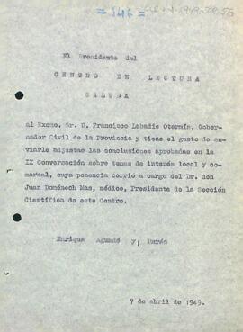 Carta del president al governador civil de la província de Tarragona enviant les comunicacions aprovades durant la novena sessió de converses sobre temes d'interès local i comarcal