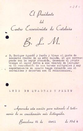 Carta de Lluís de Quadras i Feliu a Enric Aguadé Parés