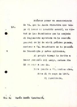 Carta de la Junta Directiva a Ramon Rodon Constantí