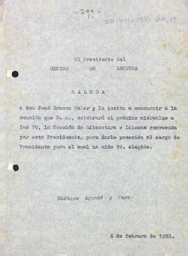 Invitació a Josep Ornosa per la seva possessió del càrrec com a president de la Secció de Literatura i Idiomes
