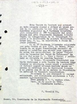 Carta del Centre de Lectura al president del la Diputació Provincial de Tarragona