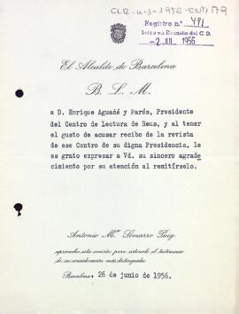 Carta d'agraïment de l'alcalde de Barcelona al president del Centre de Lectura