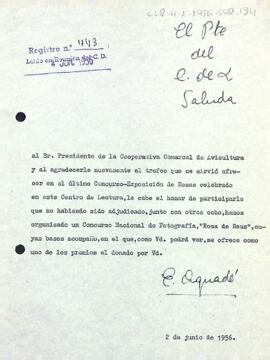 Carta d'agraïment del president a la Cooperativa Comarcal d'Avicultura