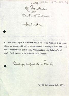 Carta d'agraïment del president a Joan Amades pel donatiu del seu últim llibre