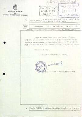 Carta de la delegació provincial de cultura popular i espectacles literaris al president autoritzant el Concurs Escolar Pompeu Fabra