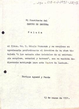 Carta d'agraïment del president a Ròmul Rocamora pel donatiu de la seva obra