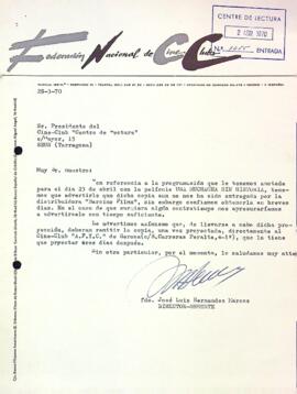 Carta de la Federación Nacional de Cine Clubs