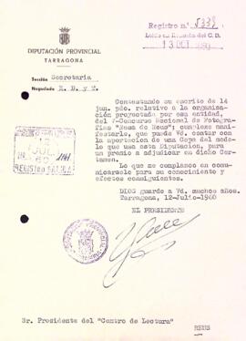 Carta de la Diputació Provincial de Tarragona al Centre de Lectura de Reus
