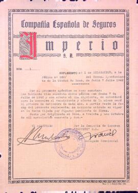 Suplement de la Pòlissa d'assegurança amb la Compañía Española de Seguros Imperio