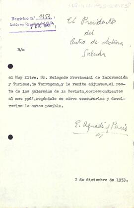 Carta del president al delegat provincial d'informació i turisme de Tarragona