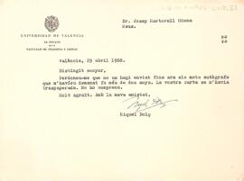Carta del degà de la Universitat de València a Josep Martorell Òdena