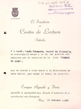 Carta d'agraïment del president a Romà Comamala, rector de Vilavella