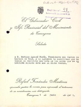 Carta del governador civil de Tarragona al president del Centre de Lectura