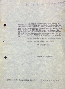 Carta del president informant el governador civil de la província de Tarragona de la convocatòria d'eleccions de l'entitat