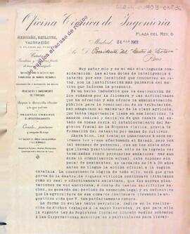 Carta d'A. Salvador, enginyer director de l'oficina tècnica d'enginyeria, oferint-se al president del Centre de Lectura, com a empresa per solucionar el tema de la fil·loxera