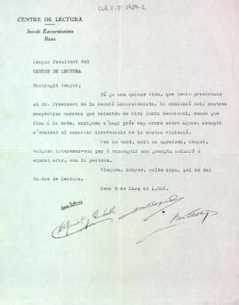 Carta de la Secció Excursionista al president del Centre de Lectura