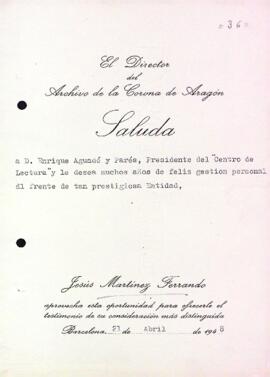Carta de Jesús Martínez Ferrando a Enric Aguadé Parés