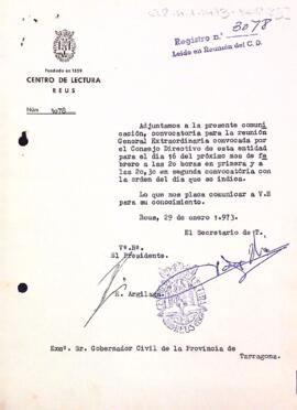 Carta del president del Centre al governador civil sol·licitant l'autorització de la reunió general ordinària
