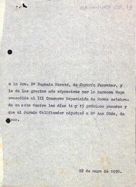 Agraïment per la concessió d'una copa per al III Concurs-Exposició de Roses