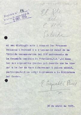Agraïment pel donatiu de Francesc Recasens