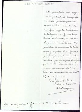 Carta de renúncia d'Andreu Vallespinós com a president del Centre de Lectura