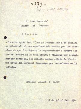 Agraïment a la viuda de Joaquim Mir