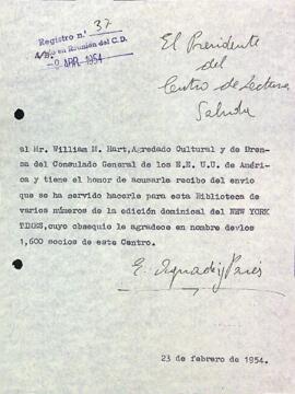 Carta d'agraïment del president a William M. Hart