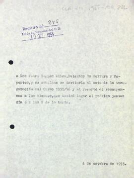 Invitació a Pere Huguet a la inauguració del curs 1955/56