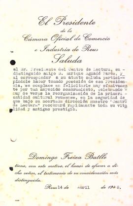 Carta de la Cambra Oficial de Comerç i Indústria de Reus a Enric Aguadé Parés