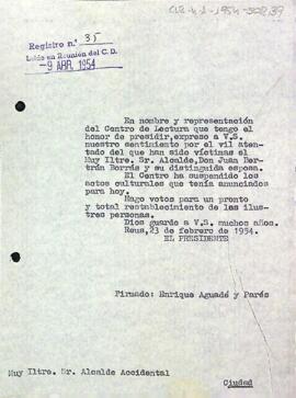 Carta del president a l'alcalde accidental de Reus