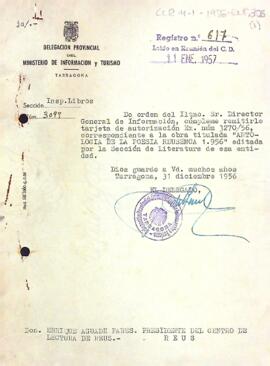 Carta del delegat provincial del Ministeri d'Informació i Turisme al president del Centre de Lectura