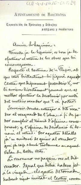 Carta de l'Ajuntament de Barcelona anunciant el retorn del retrat de Joaquim Maria Bartrina