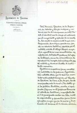 Carta de l'Ajuntament de Barcelona dirigida al president sol·licitant poder exposar el retrat de Joaquim Maria Bartrina, a l'exposició de retrats i dibuixos antics i moderns que organitzarà la ciutat