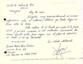 Carta de Juana M. Ruiz Suárez amb relació a la convocatòria del Concurs Nacional Literari