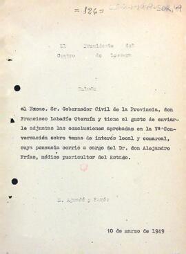 Carta del president al governador civil de la província de Tarragona enviant les comunicacions aprovades durant la cinquena sessió de converses sobre temes d'interès local i comarcal