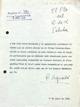 Carta d'agraïment del president a Josep Ferré Revascall