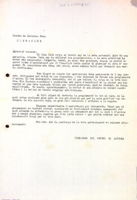 Carta del Cineclub als socis del Centre de Lectura