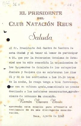 Carta del Club Natación Reus al Centre de Lectura