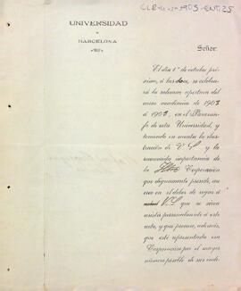 Invitació del rector de la Universitat de Barcelona, Rafael Rodríguez Méndez, al president del Centre de Lectura a l'obertura de nou curs acadèmic