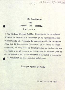 Carta d'agraïment del president a Domingo Freixa pel donatiu d'una col·lecció de fotografies dels campionats de mecanografia